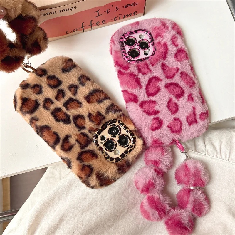 Phone Cases Iphone 13 - Modische Leoparden-Plüsch-Handyhülle mit Objektivhalterung für iPhone